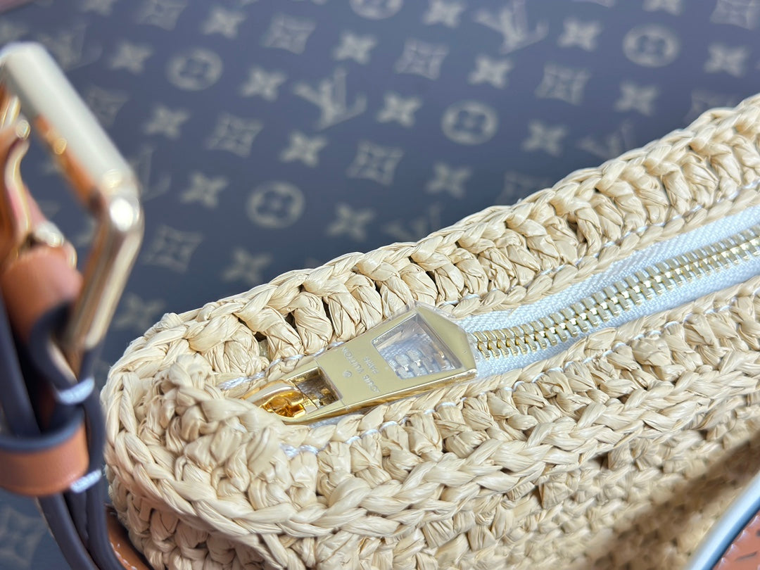 Louis Vuitton Summer Woven Raffia Crescent Shoulder Bag with Leather Trim