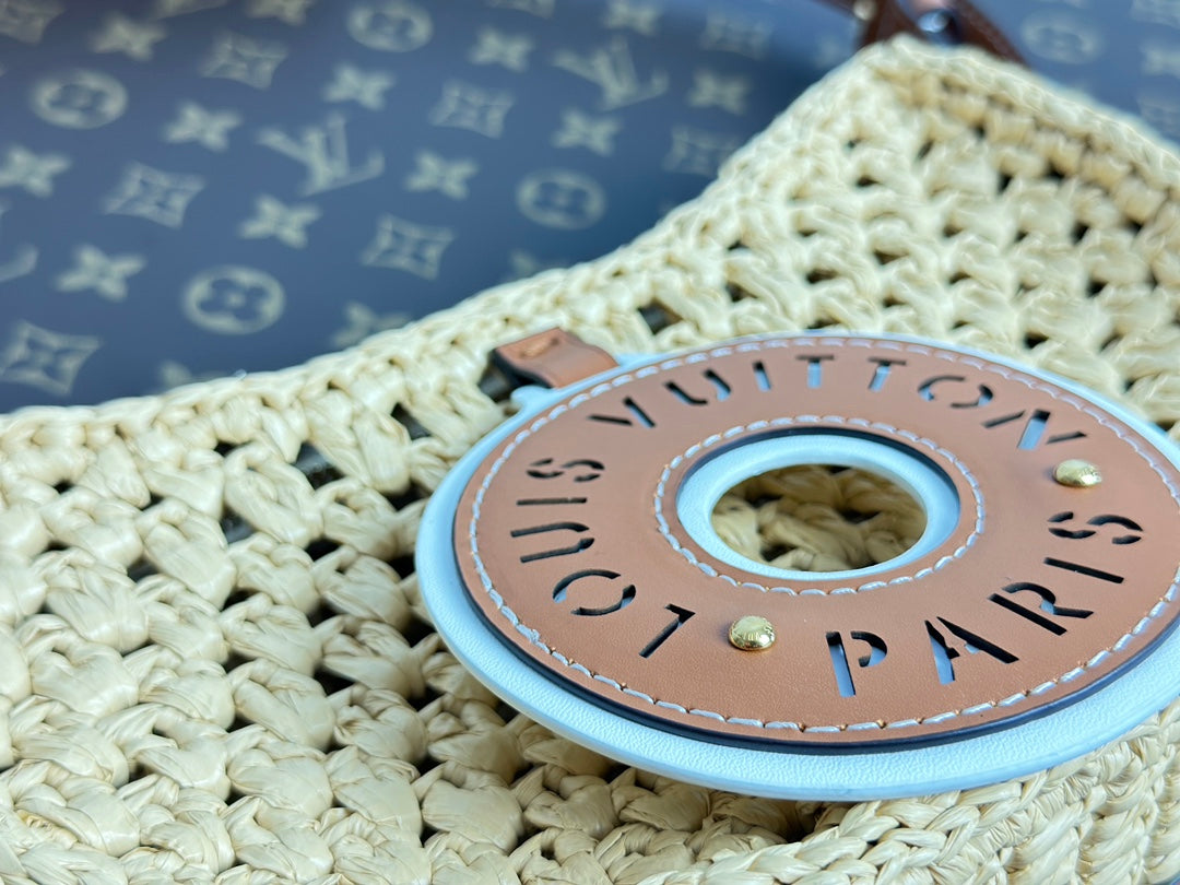 Louis Vuitton Summer Woven Raffia Crescent Shoulder Bag with Leather Trim