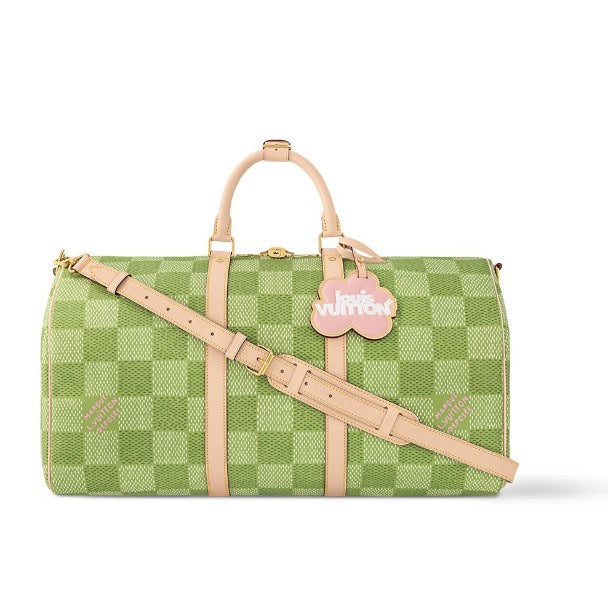 Louis Vuitton Green Checkerboard Canvas Travel Duffle Bag with Leather Straps