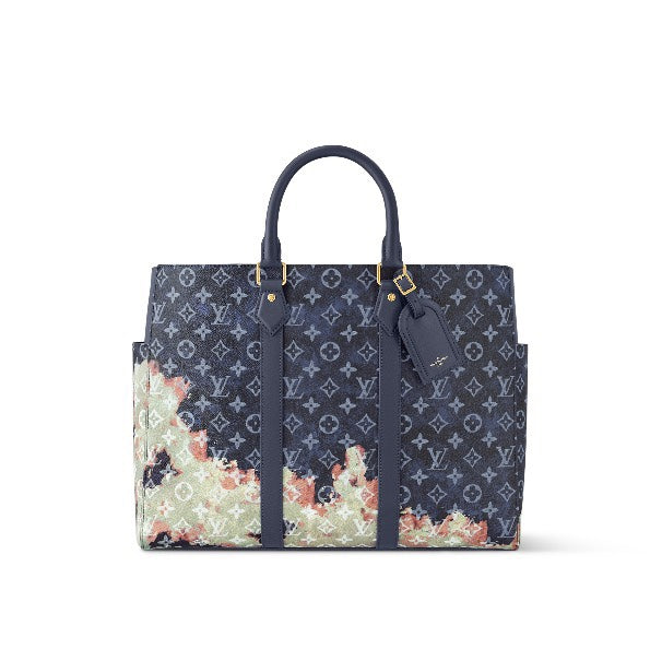 Louis Vuitton Luxury Navy Blue Monogram Canvas Tote Bag with Floral Watercolor Print