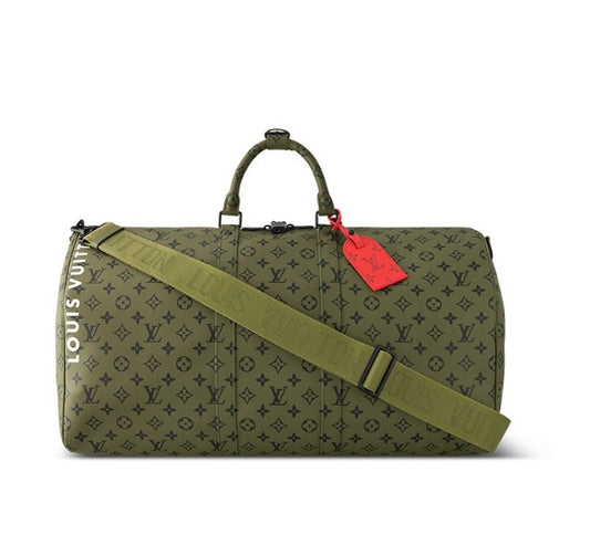 Louis Vuitton Khaki Green Monogram Weekender Travel Duffle Bag with Strap