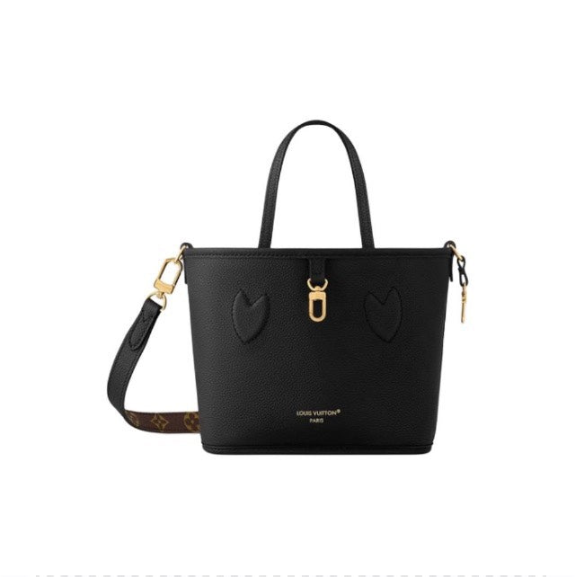 Louis Vuitton Elegant Black Pebbled Leather Tote Bag with Gold Clasp and Strap