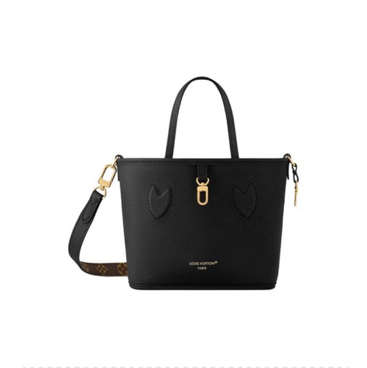Louis Vuitton Elegant Black Pebbled Leather Tote Bag with Gold Clasp and Strap