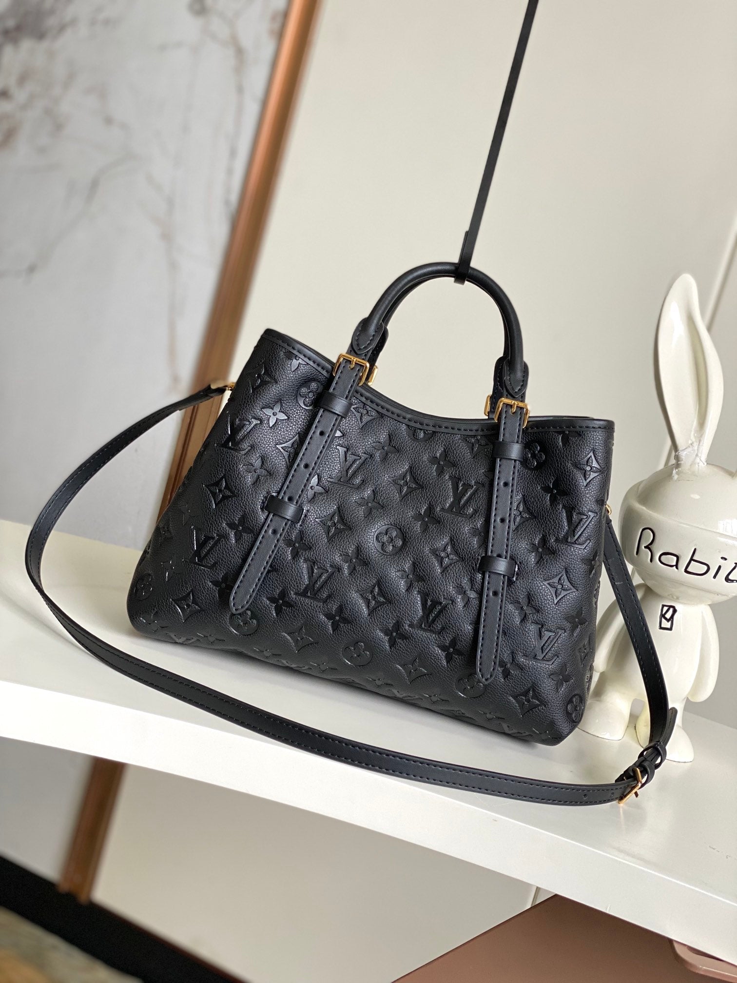 Louis Vuitton Black Embossed Textured Leather Top Handle Tote Handbag