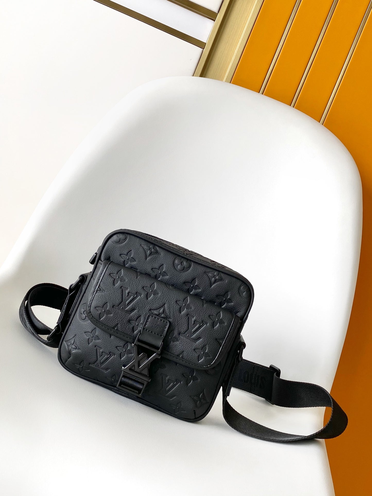 Louis Vuitton Matte Black Embossed Script Crossbody Bag with Buckle Strap