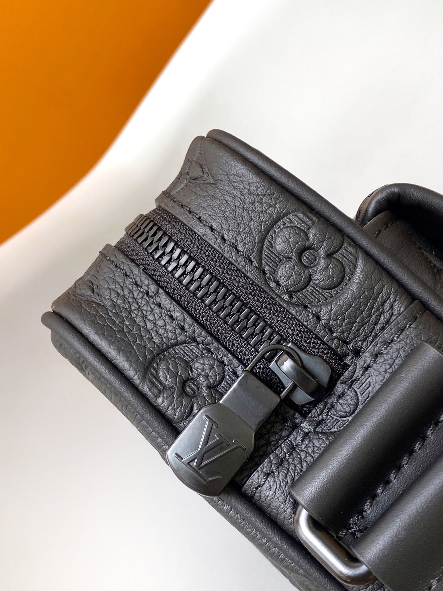 Louis Vuitton Matte Black Embossed Script Crossbody Bag with Buckle Strap