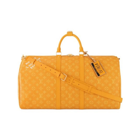 Louis Vuitton Mustard Yellow Monogram Luxury Travel Duffle Bag with Shoulder Strap