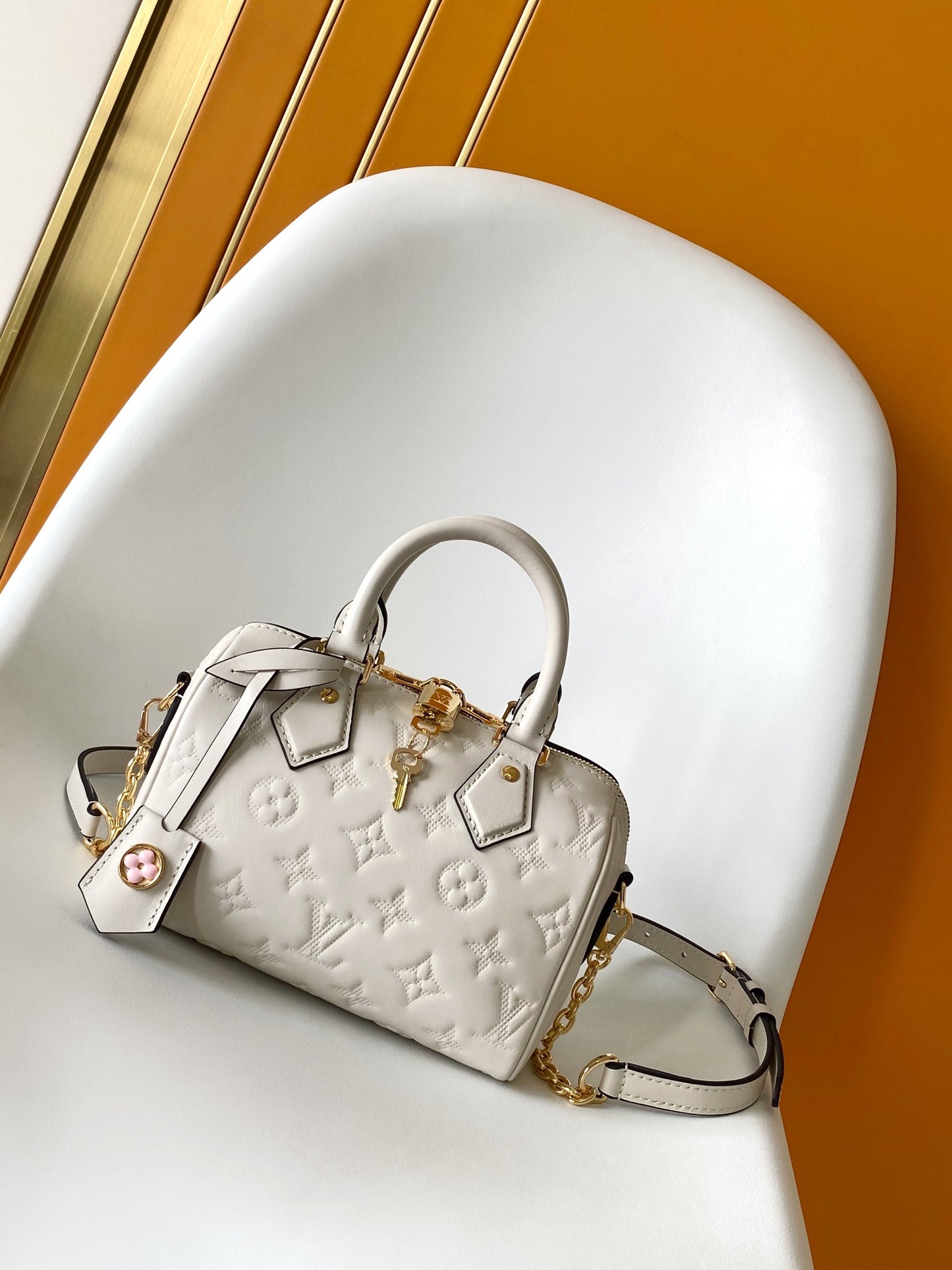 Louis Vuitton White Embossed Leather Top Handle Mini Crossbody Duffle Bag