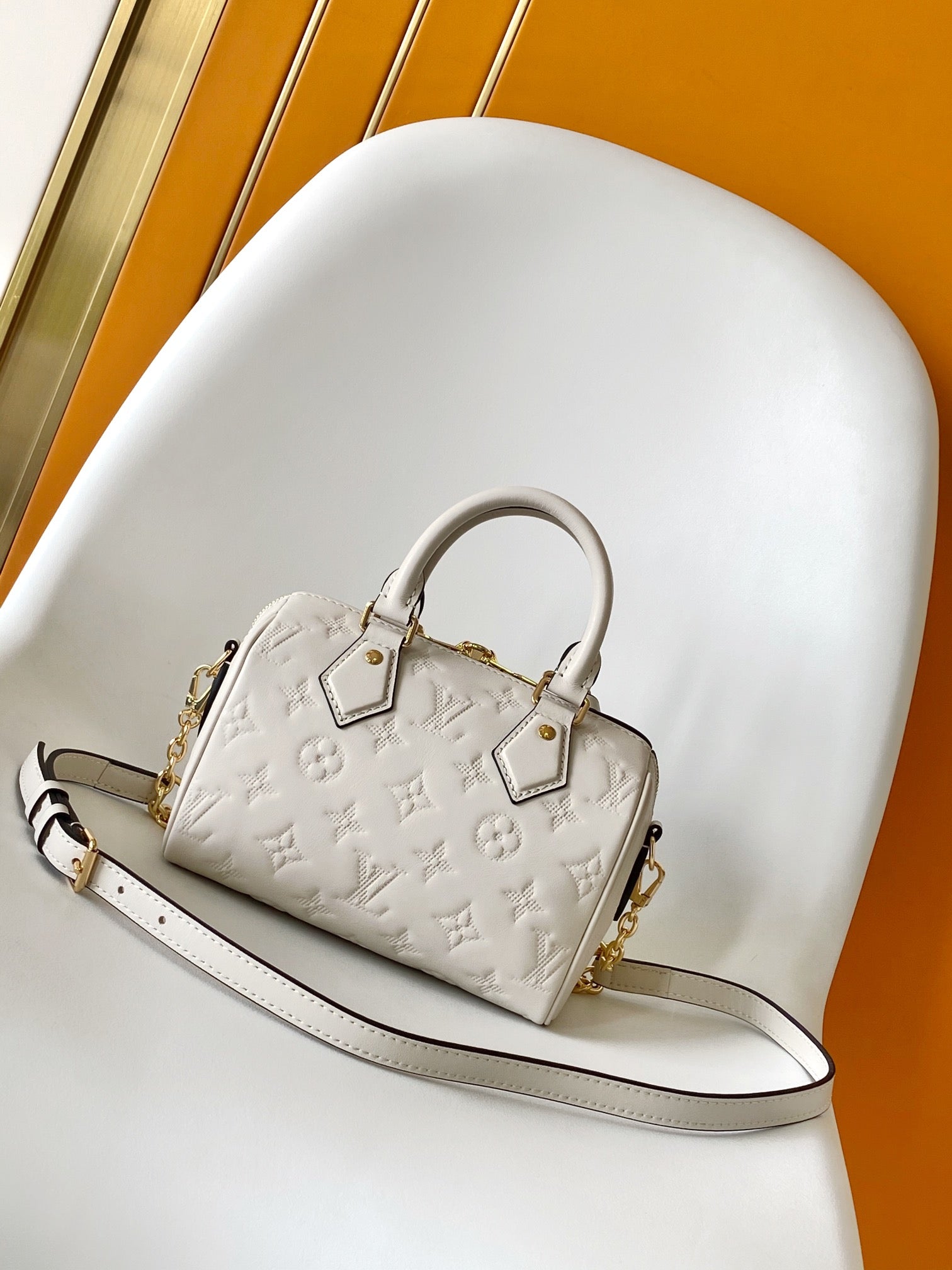 Louis Vuitton White Embossed Leather Top Handle Mini Crossbody Duffle Bag