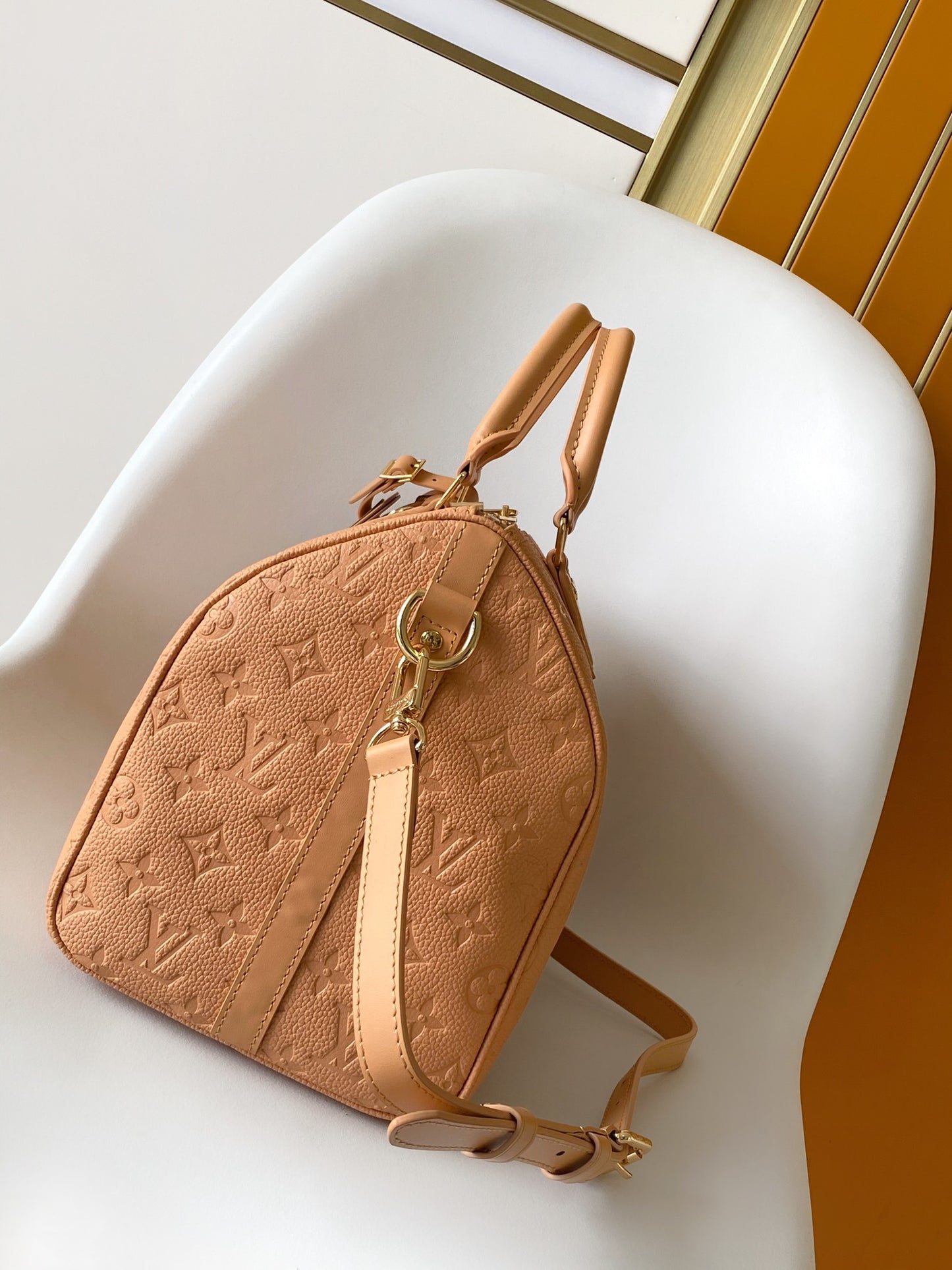 Louis Vuitton Classic Tan Embossed Leather Top Handle Handbag with Shoulder Strap