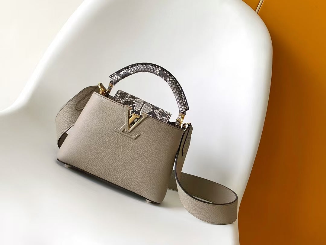 Louis Vuitton Luxury Beige Leather Top Handle Bag with Python Print Accents