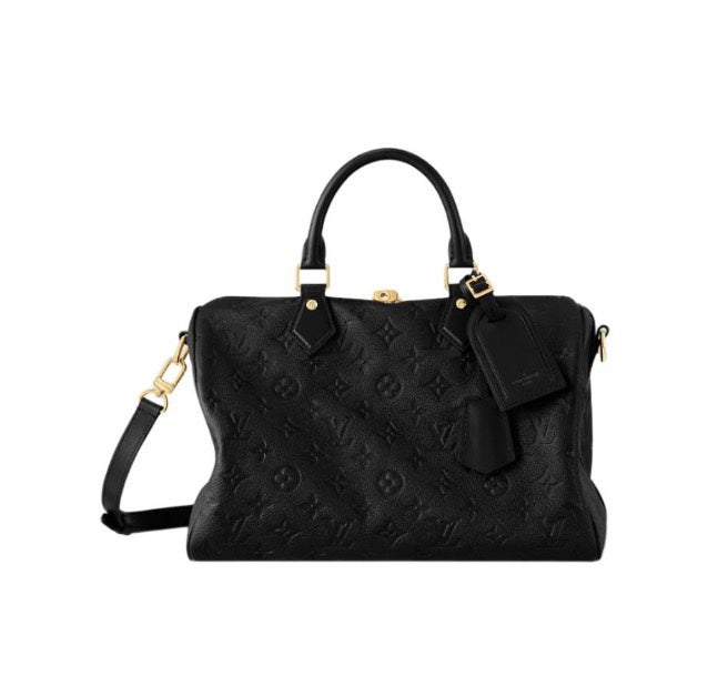 Louis Vuitton Black Embossed Leather Duffle Bag with Top Handles and Strap