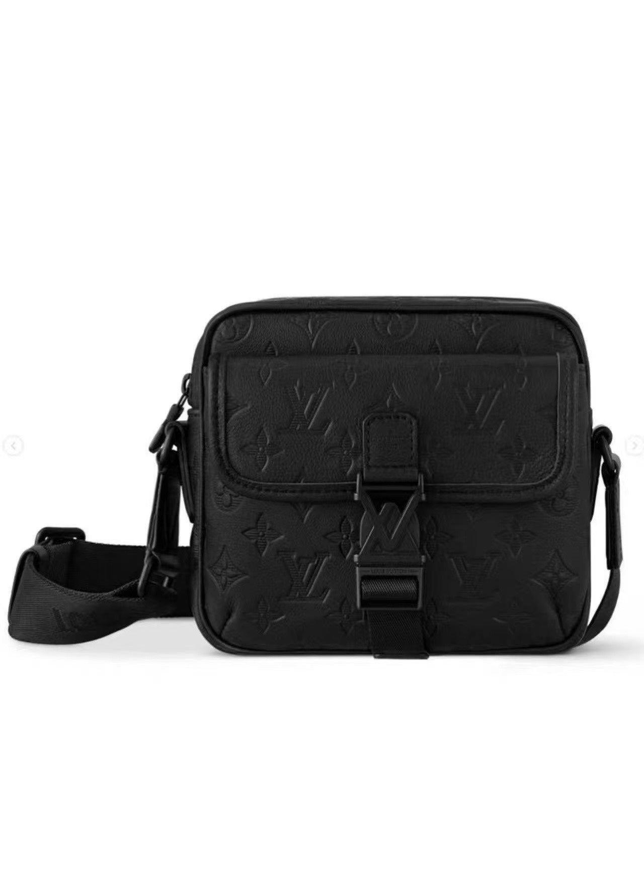 Louis Vuitton Matte Black Embossed Script Crossbody Bag with Buckle Strap