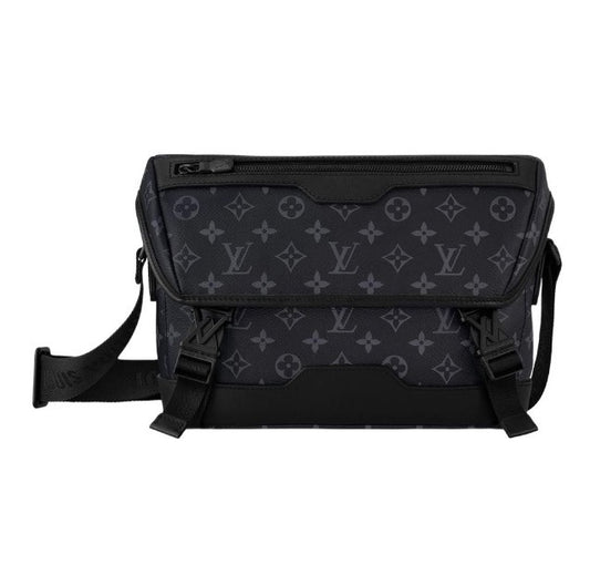 Louis Vuitton Black Monogram Pattern Crossbody Messenger Bag with Buckles
