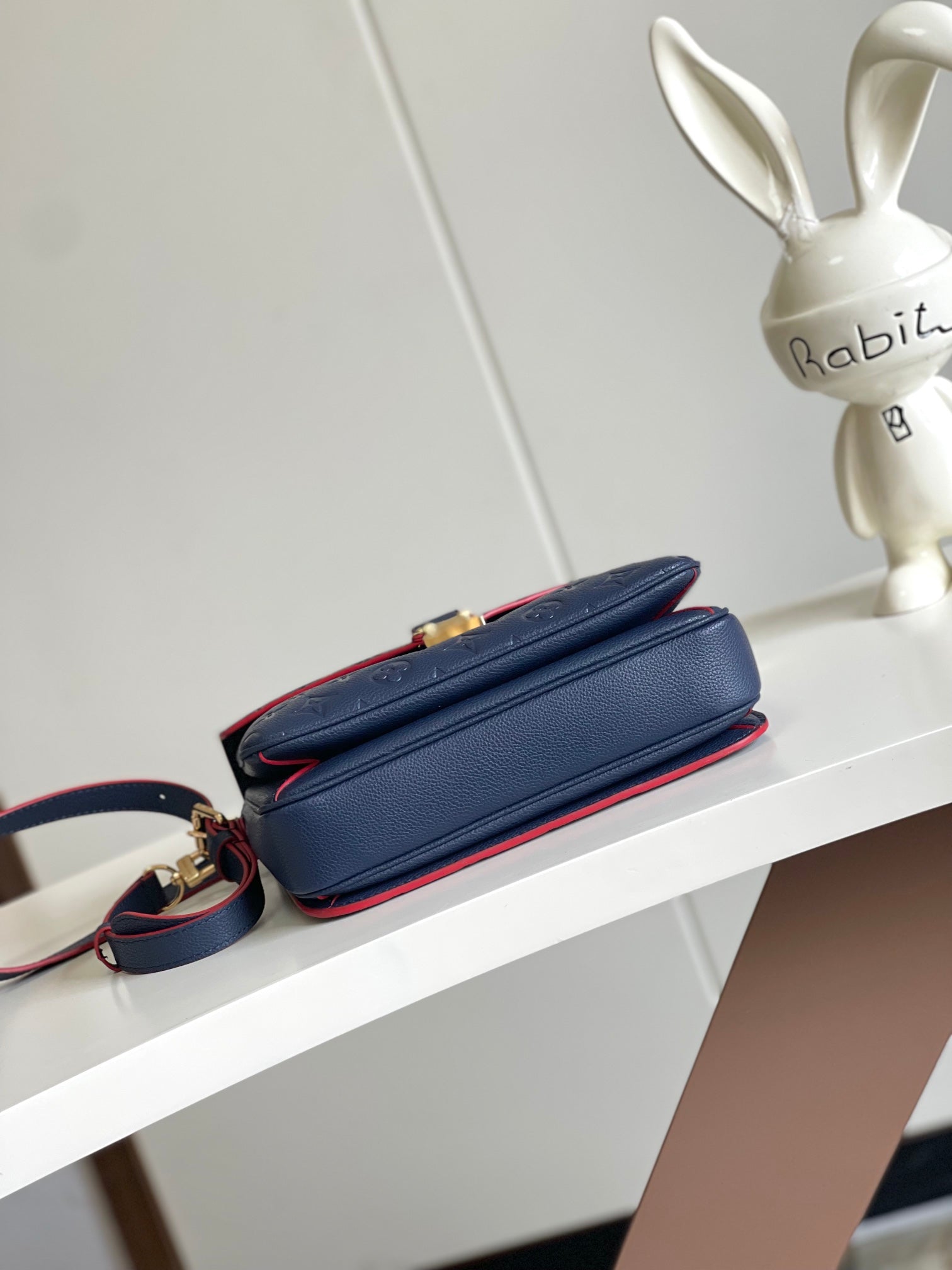 Louis Vuitton Navy Blue Embossed Leather Crossbody Satchel Bag with Red Trim