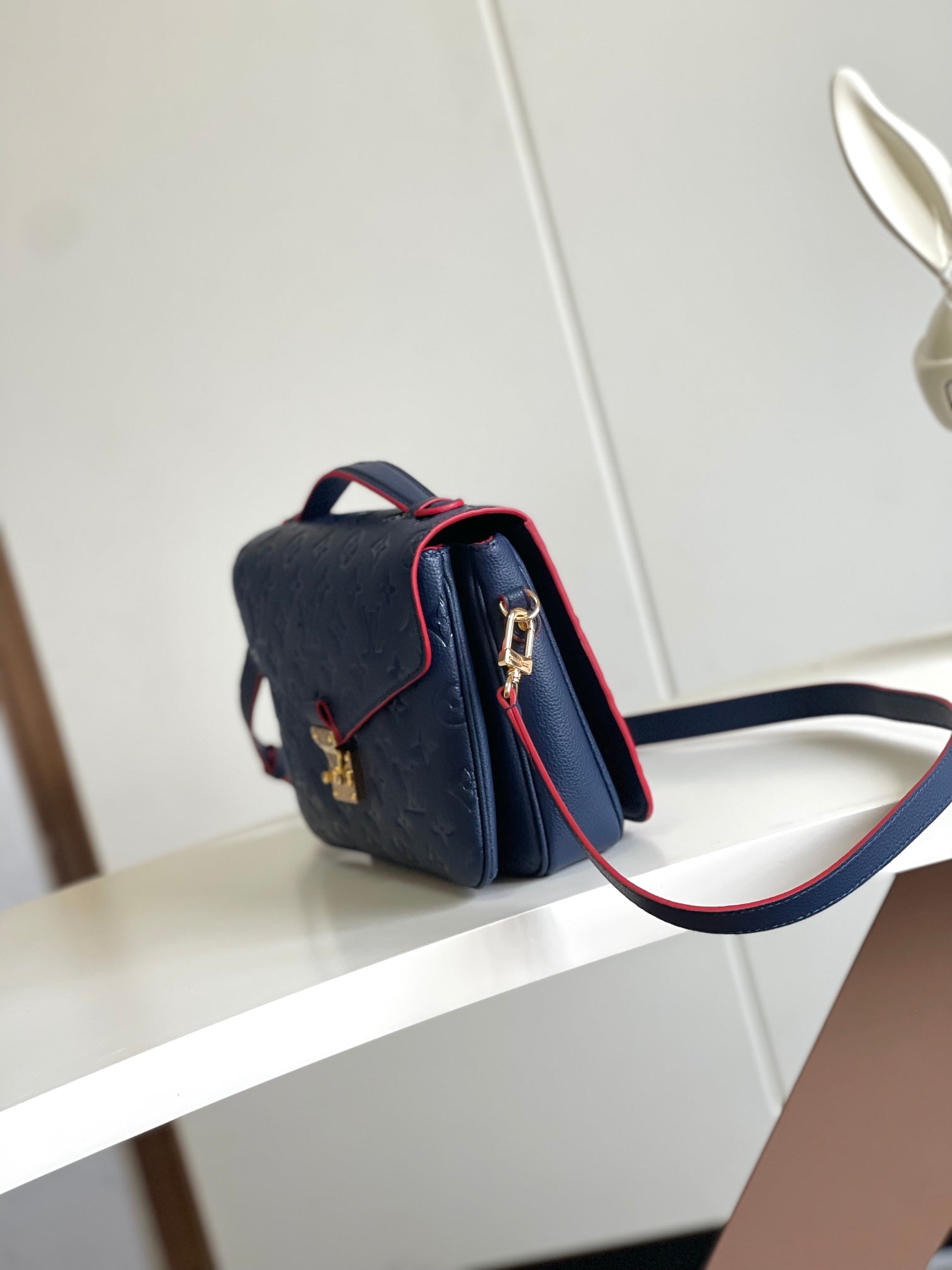 Louis Vuitton Navy Blue Embossed Leather Crossbody Satchel Bag with Red Trim