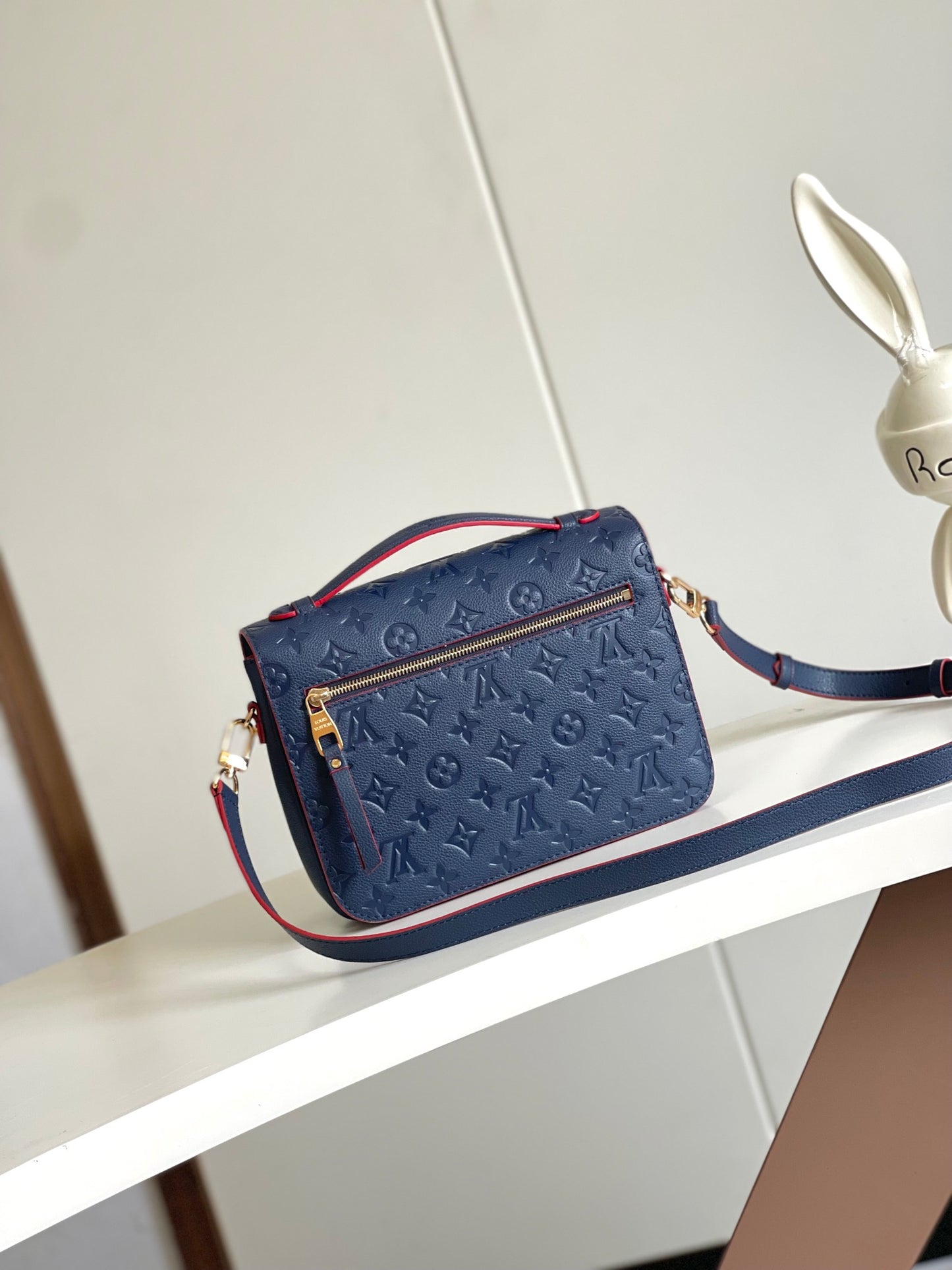 Louis Vuitton Navy Blue Embossed Leather Crossbody Satchel Bag with Red Trim