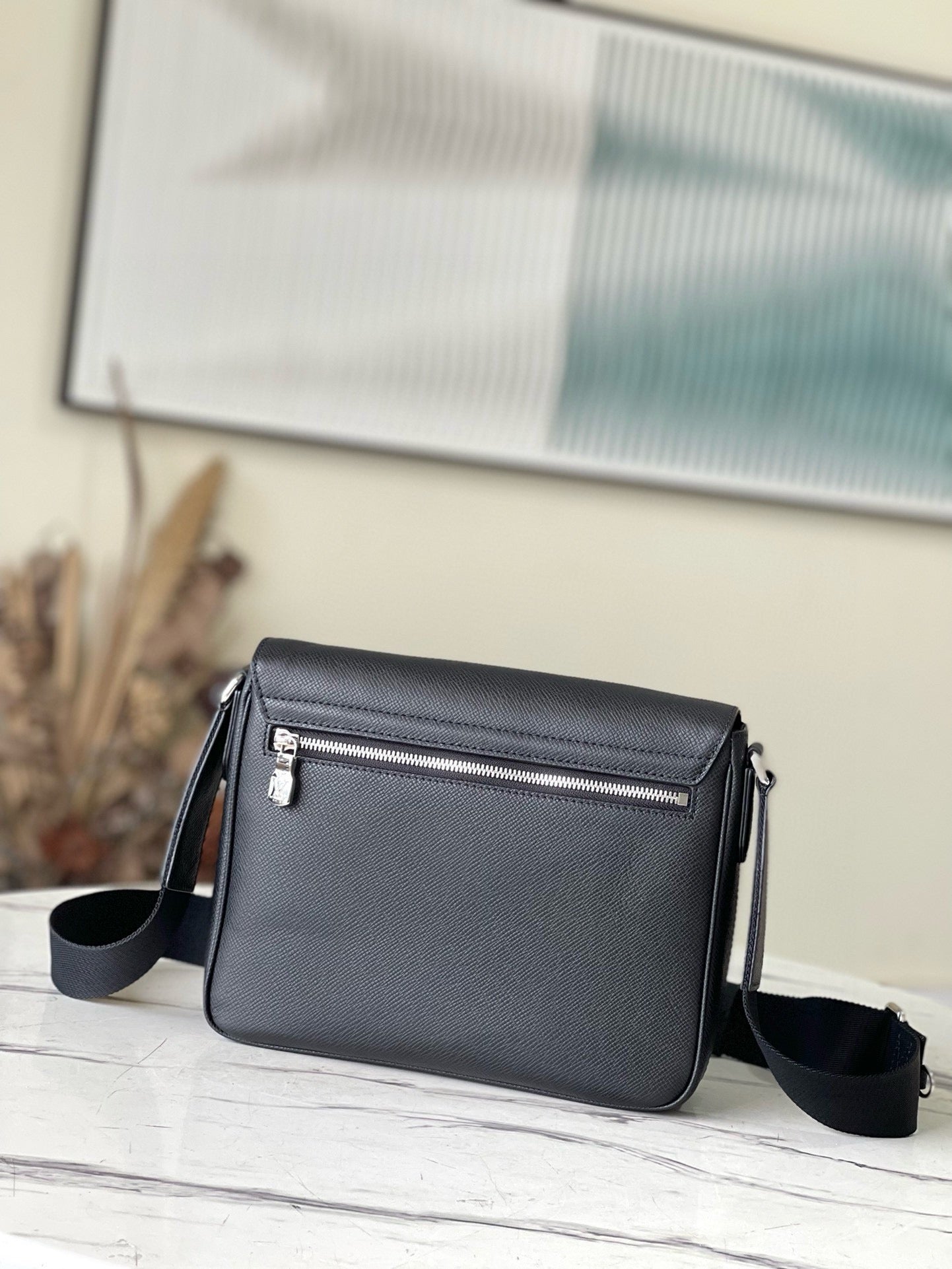 Louis Vuitton Classic Black Leather Crossbody Messenger Bag with Adjustable Strap