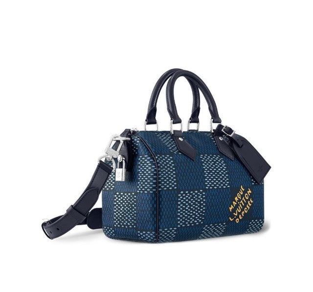 Louis Vuitton Navy Blue Checkered Top Handle Crossbody Boston Handbag