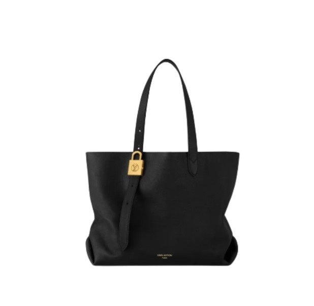 Louis Vuitton Classic Black Leather Shoulder Tote Bag with Gold Lock Detail