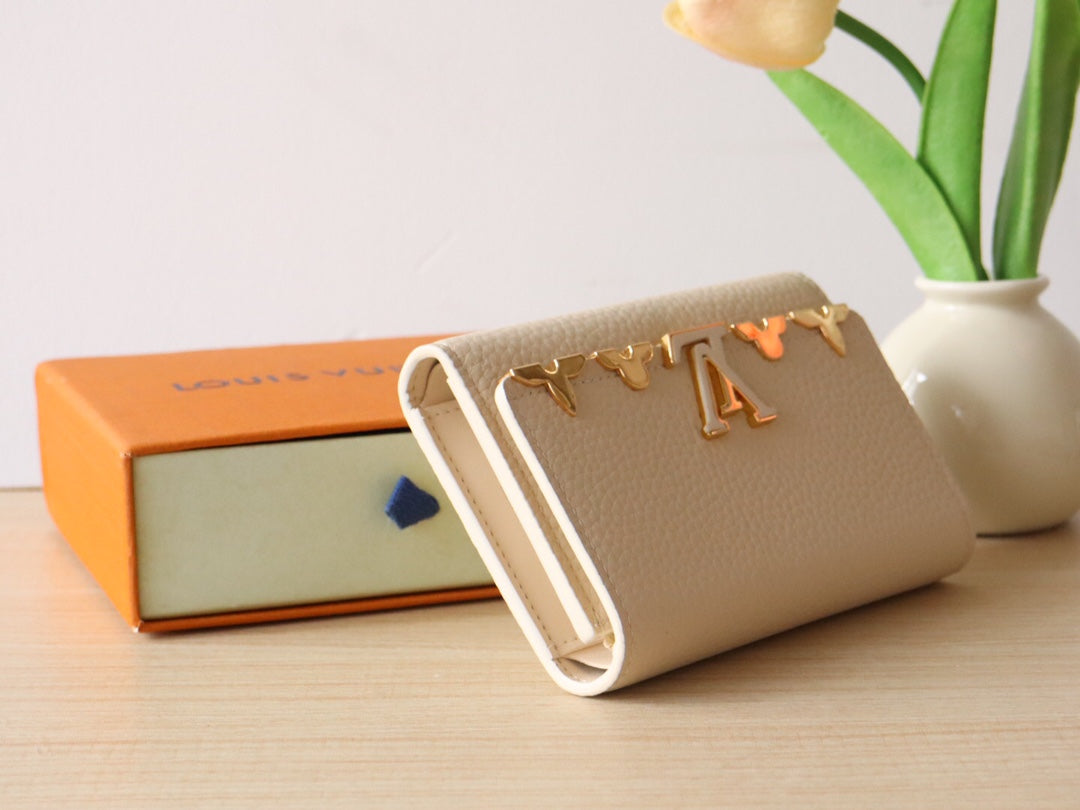 Louis Vuitton Luxury Cream Textured Leather Compact Wallet with Gold Clasp