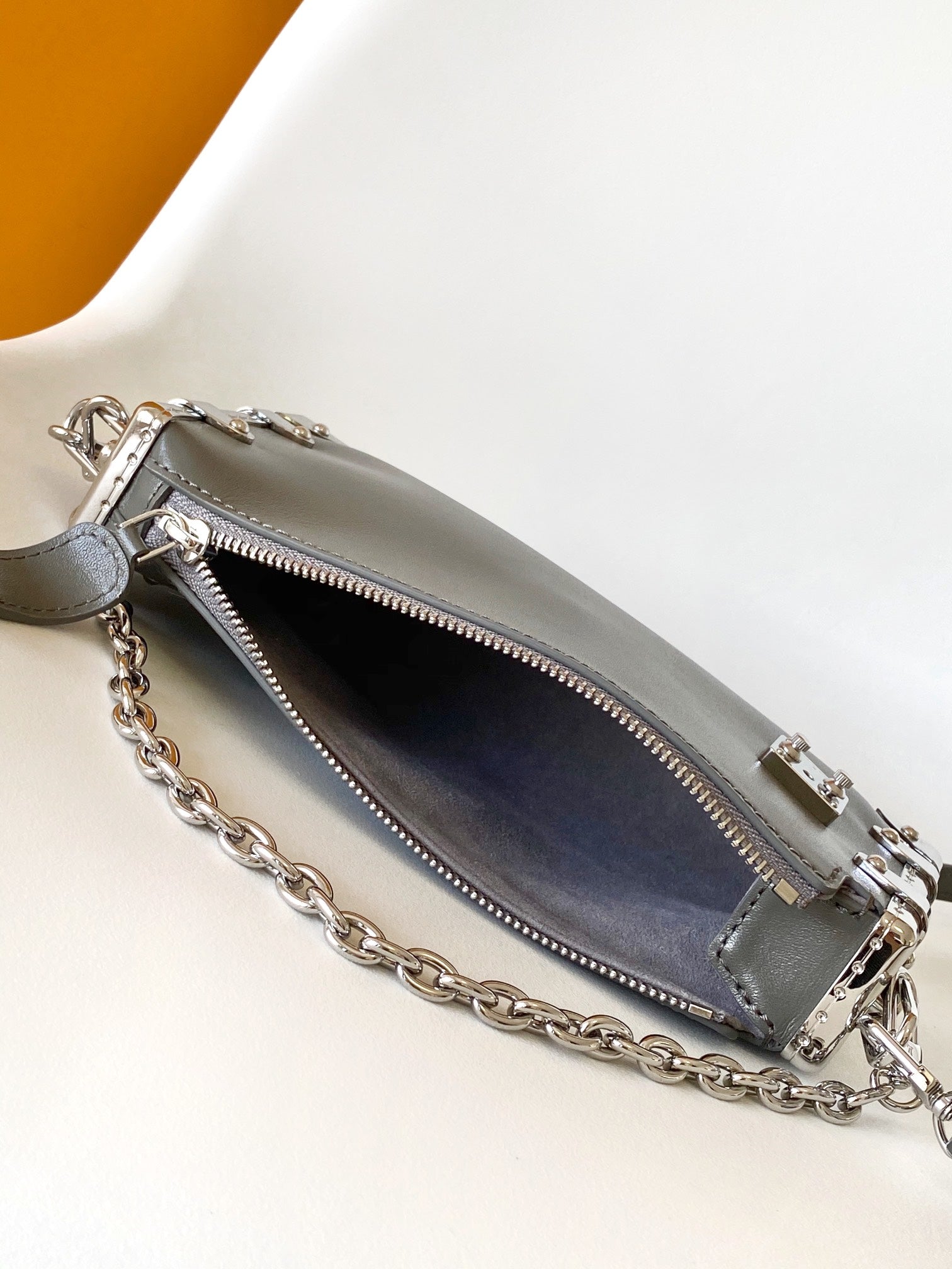 Louis Vuitton Grey Trunk Style Leather Shoulder Bag with Silver Chain Detail