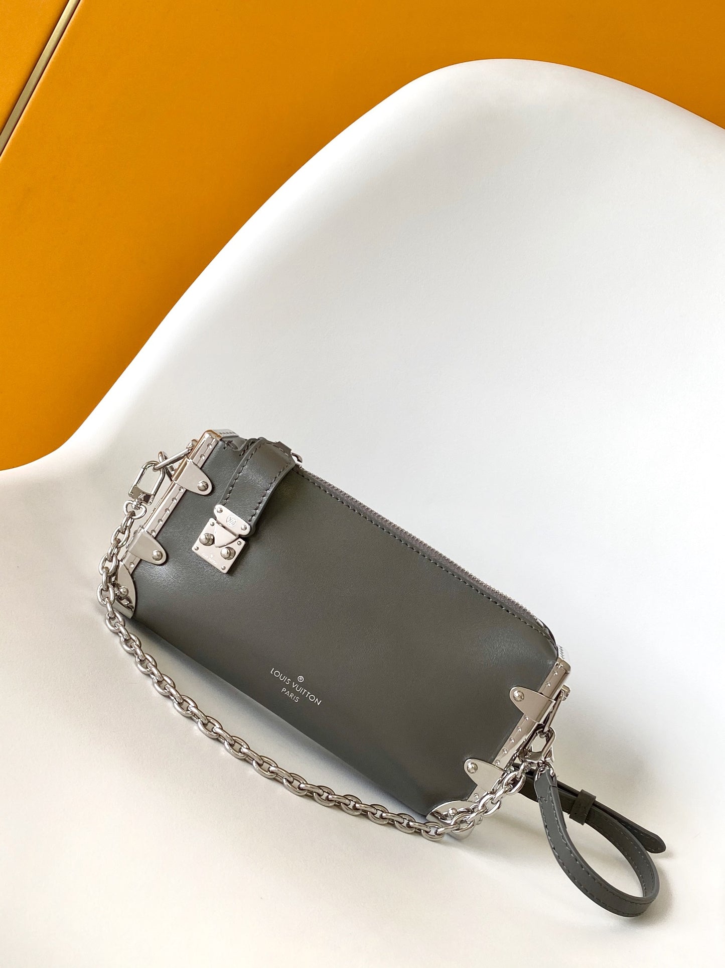 Louis Vuitton Grey Trunk Style Leather Shoulder Bag with Silver Chain Detail
