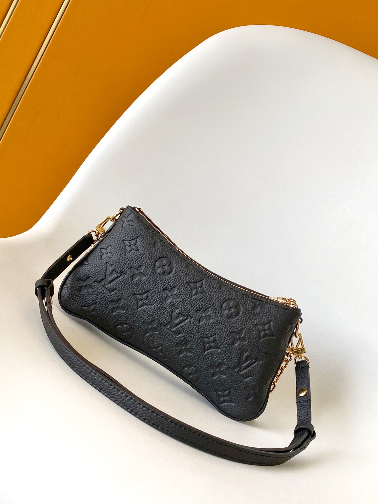 Louis Vuitton Black Embossed Leather Crossbody Bag with Gold Chain Strap