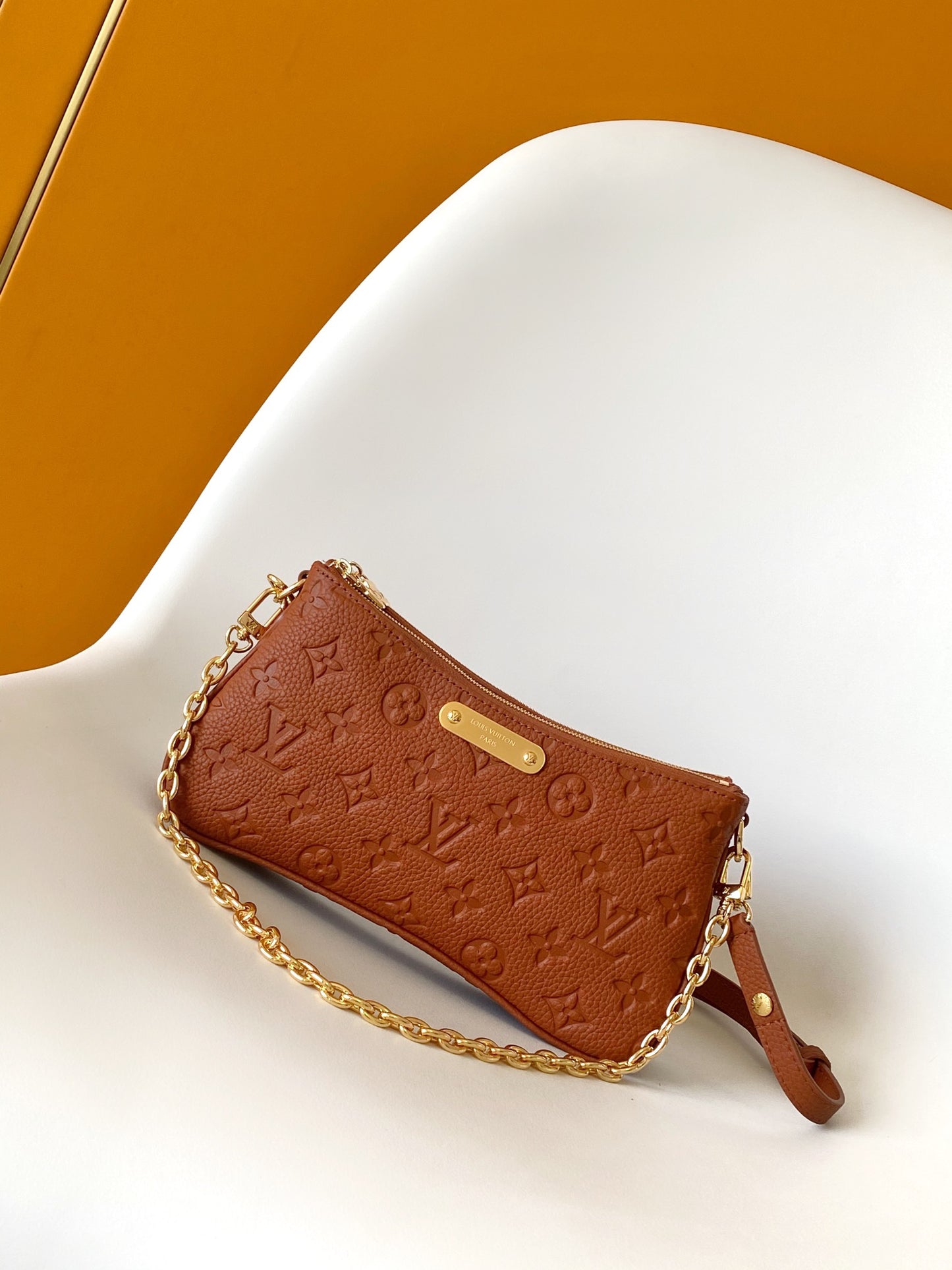 Louis Vuitton Brown Embossed Leather Shoulder Bag with Gold Chain Strap