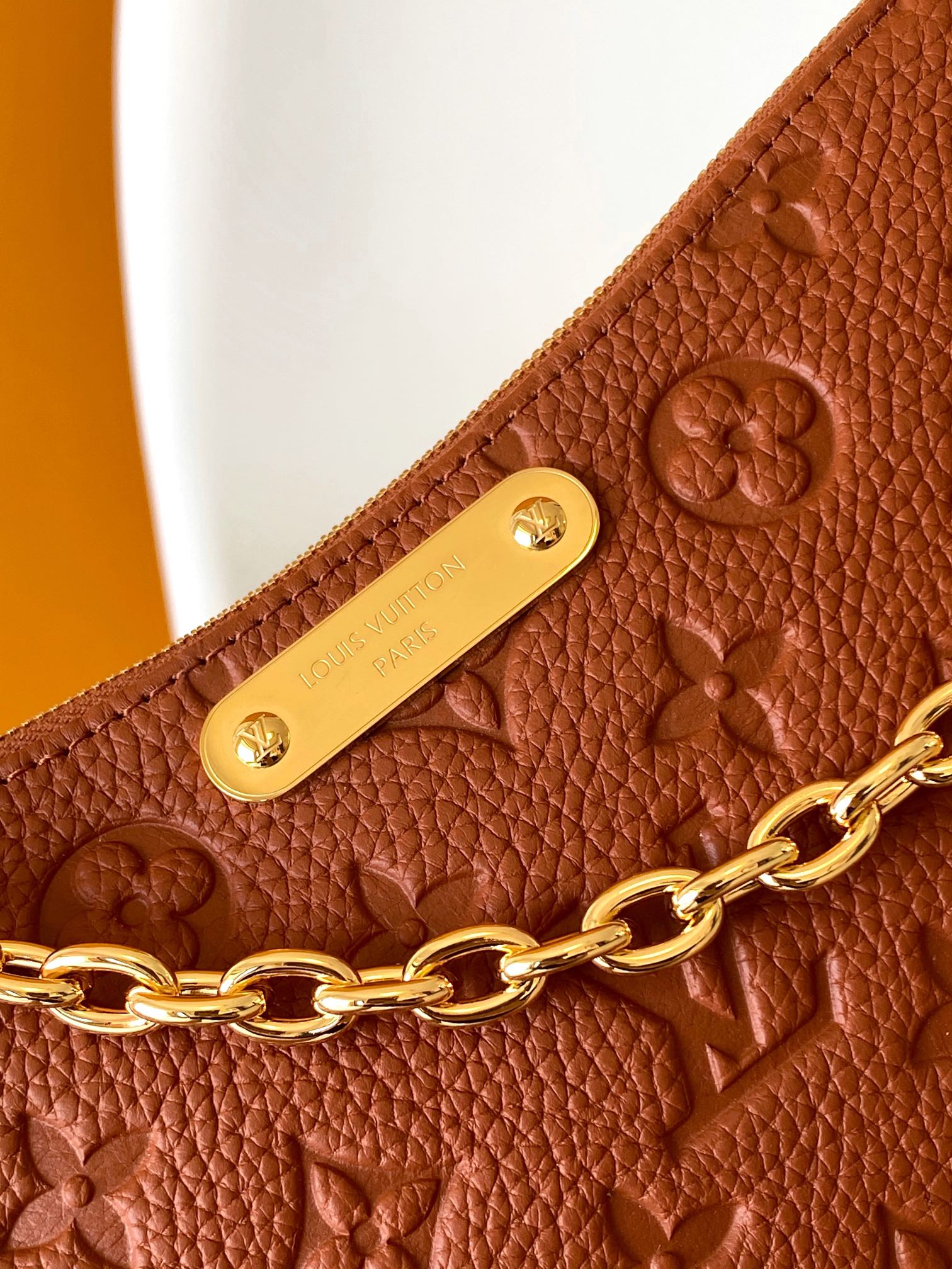 Louis Vuitton Brown Embossed Leather Shoulder Bag with Gold Chain Strap