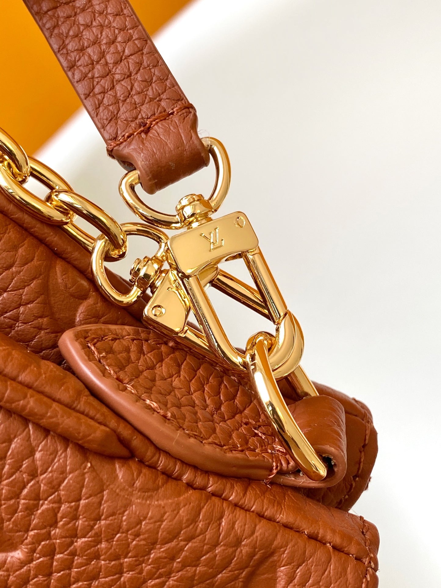 Louis Vuitton Brown Embossed Leather Shoulder Bag with Gold Chain Strap