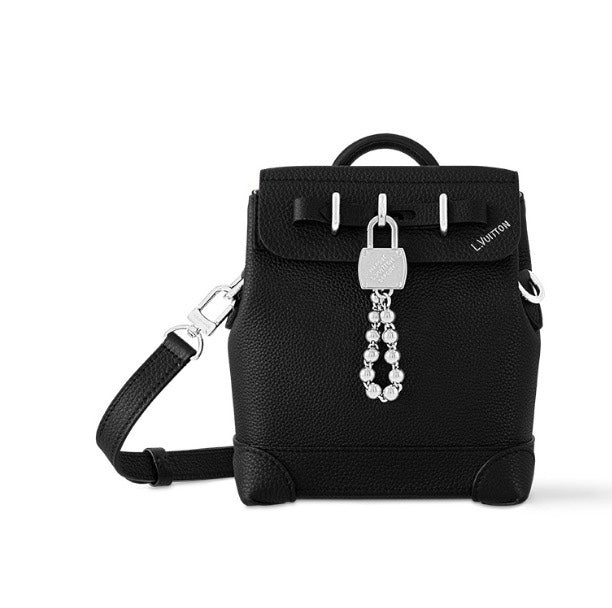 Louis Vuitton Black Leather Mini Backpack Purse with Silver Lock and Pearl Charm