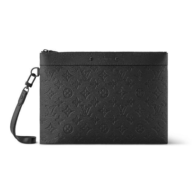 Louis Vuitton Elegant Black Embossed Monogram Leather Wristlet Clutch Bag
