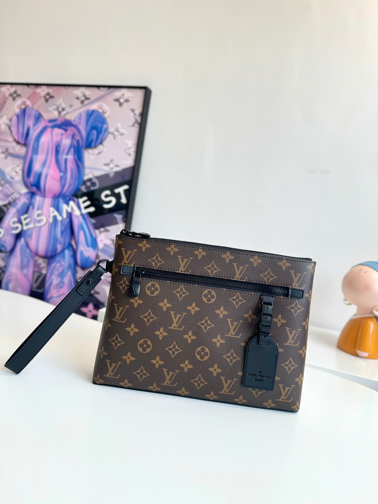 Louis Vuitton Unisex Brown Monogram Canvas Clutch Pouch with Wristlet Strap