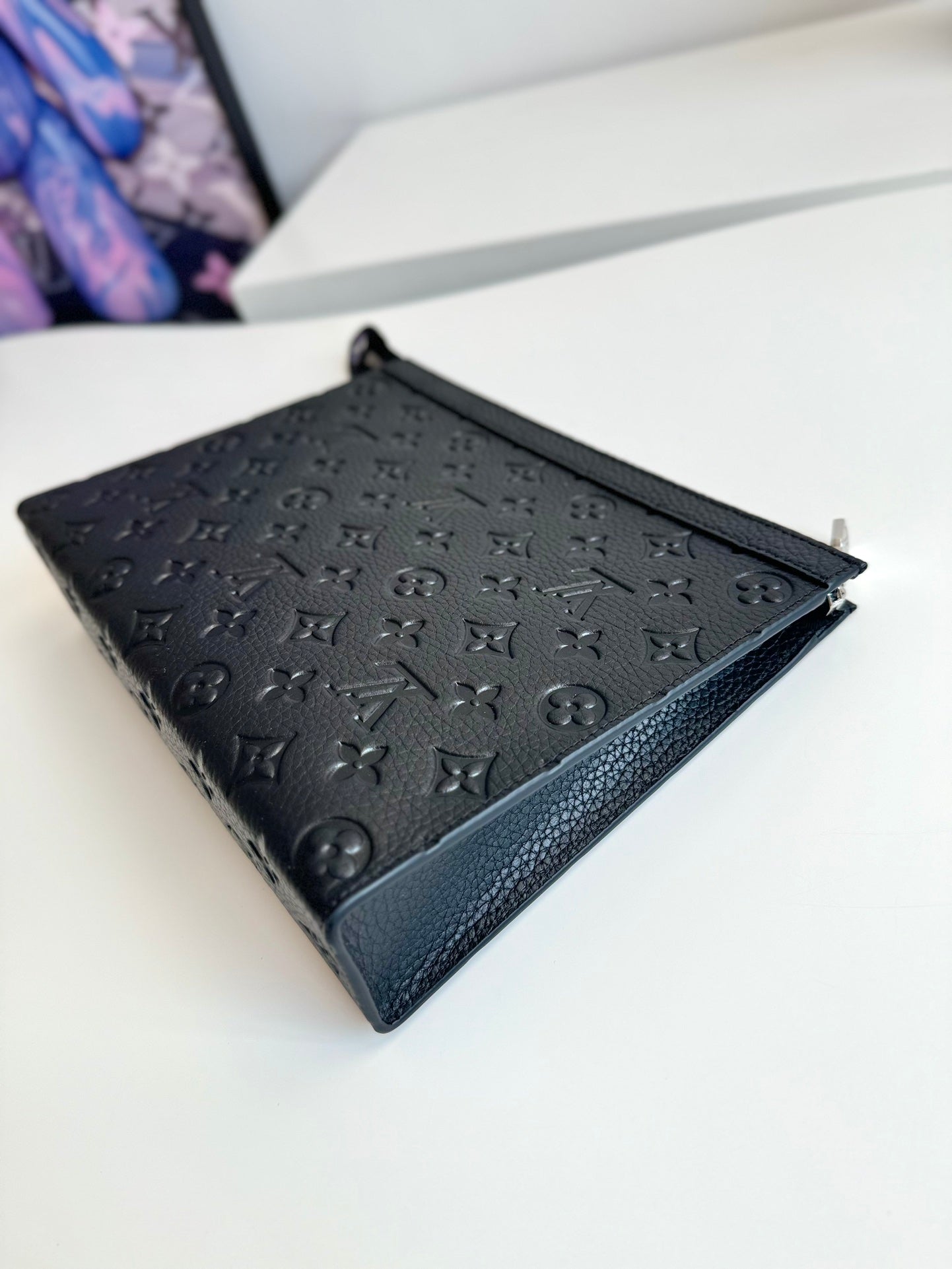 Louis Vuitton Classic Black Embossed Monogram Leather Clutch Zipper Pouch