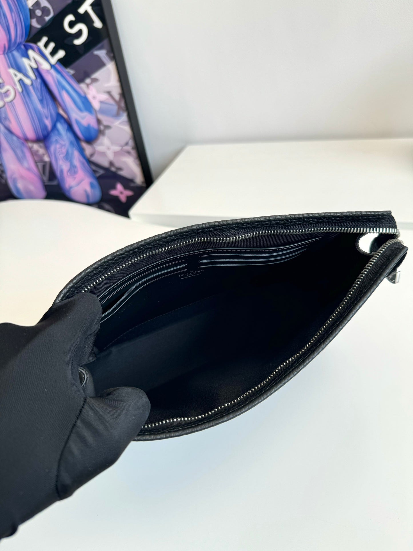 Luxury Black Embossed Monogram Zipper Clutch Bag - Sleek Designer Pouch