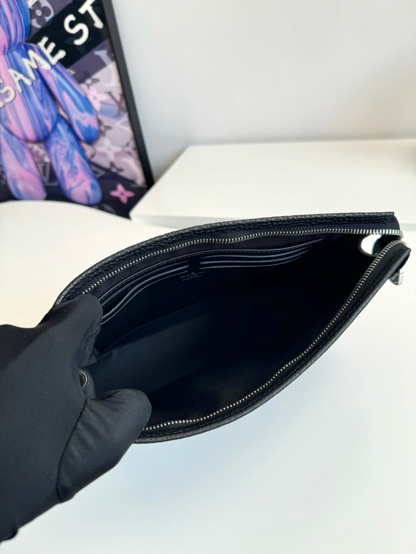Louis Vuitton Classic Black Embossed Monogram Leather Clutch Zipper Pouch