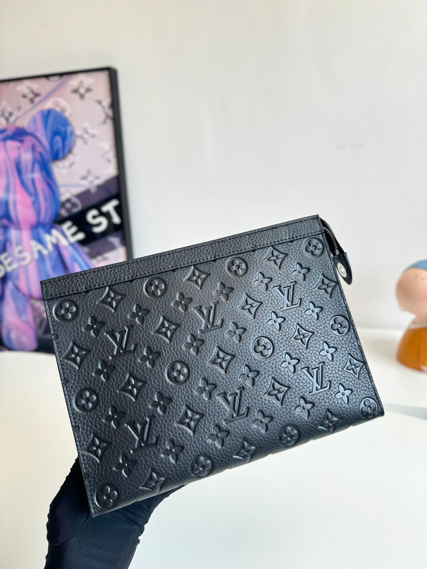 Louis Vuitton Classic Black Embossed Monogram Leather Clutch Zipper Pouch