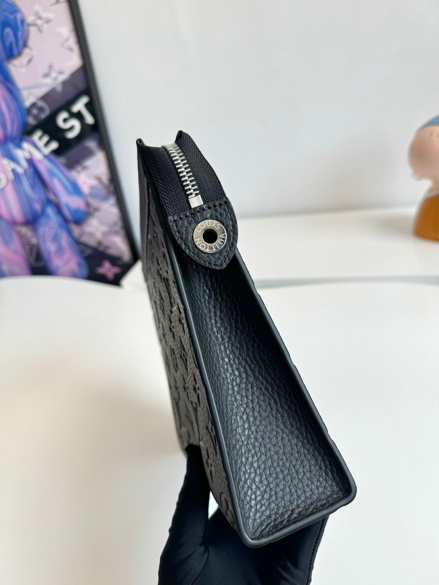 Louis Vuitton Classic Black Embossed Monogram Leather Clutch Zipper Pouch