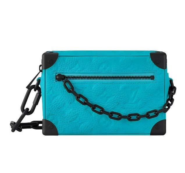 Louis Vuitton Turquoise Blue Embossed Trunk Shoulder Bag with Black Chain Accent
