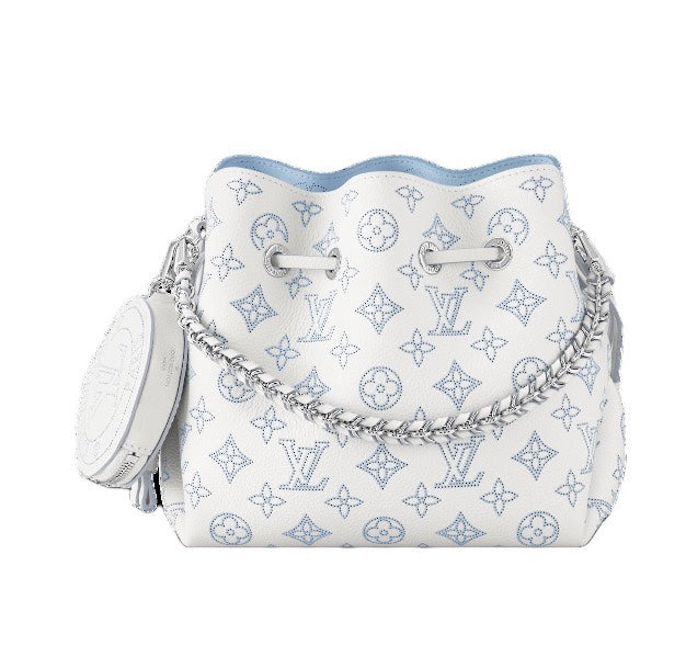 Louis Vuitton White and Blue Monogram Leather Drawstring Bucket Bag with Chain