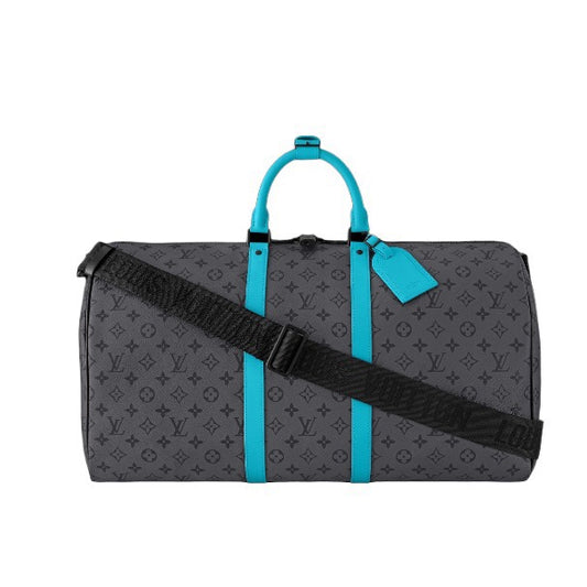 Louis Vuitton Grey Monogram Weekender Duffle Bag with Turquoise Leather Trim
