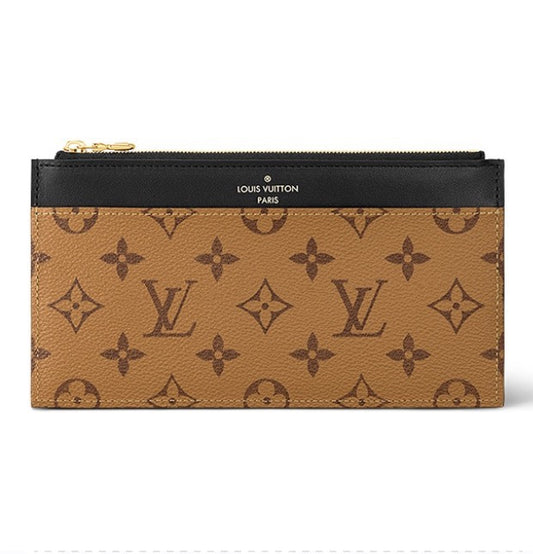 Louis Vuitton Classic Brown Monogram Print Slim Wallet with Black Leather Trim