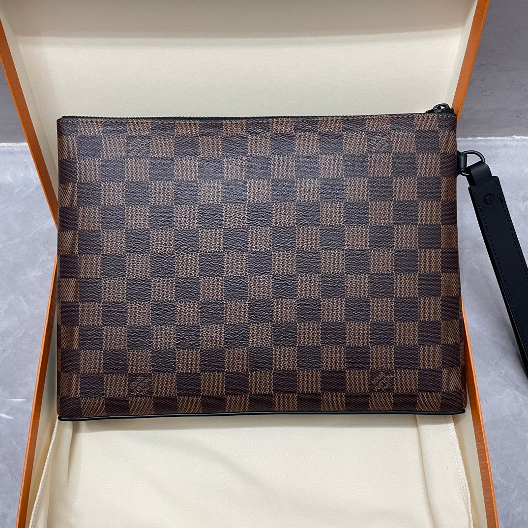 Louis Vuitton Brown Checkered Leather Wristlet Clutch Bag with Front Pocket
