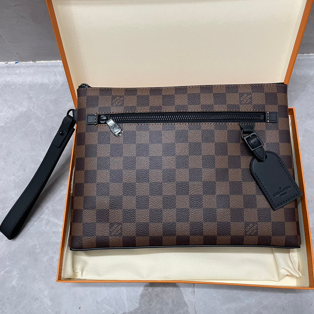 Louis Vuitton Brown Checkered Leather Wristlet Clutch Bag with Front Pocket