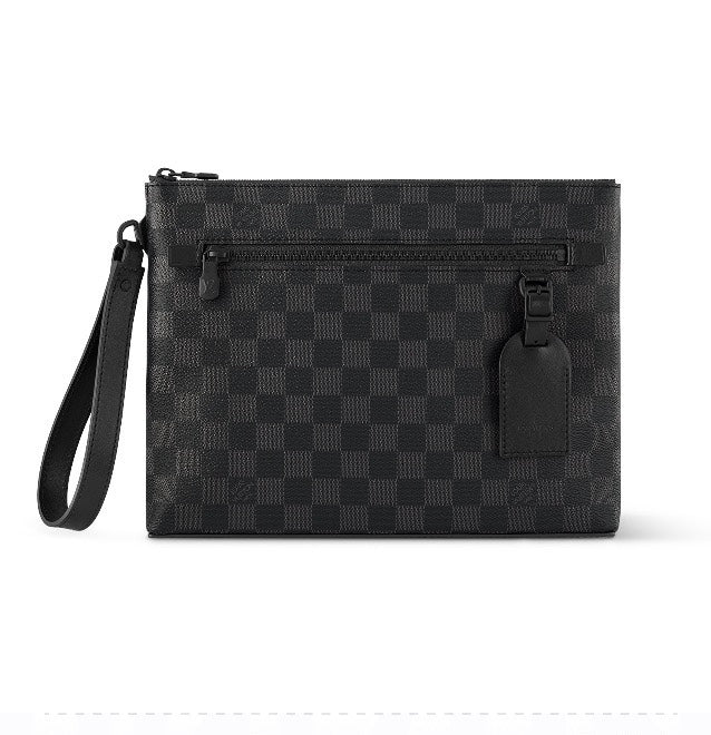 Louis Vuitton Mens Black Checkerboard Canvas Clutch Bag with Wrist Strap
