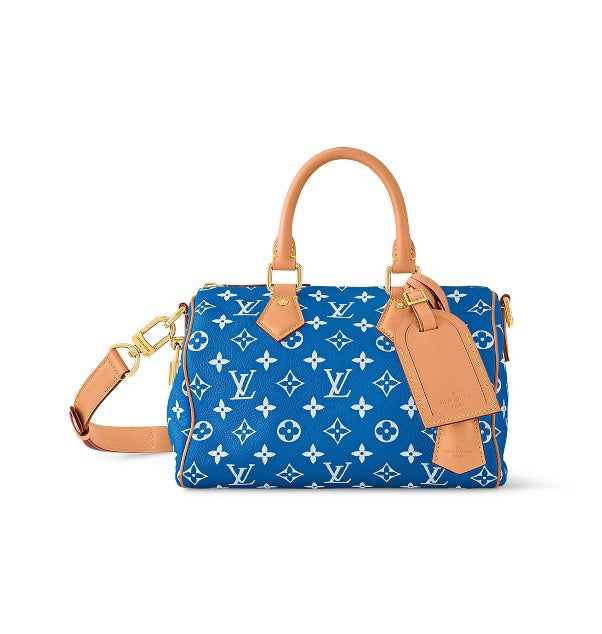 Louis Vuitton Blue and White Monogram Print Satchel Handbag with Tan Leather Trim