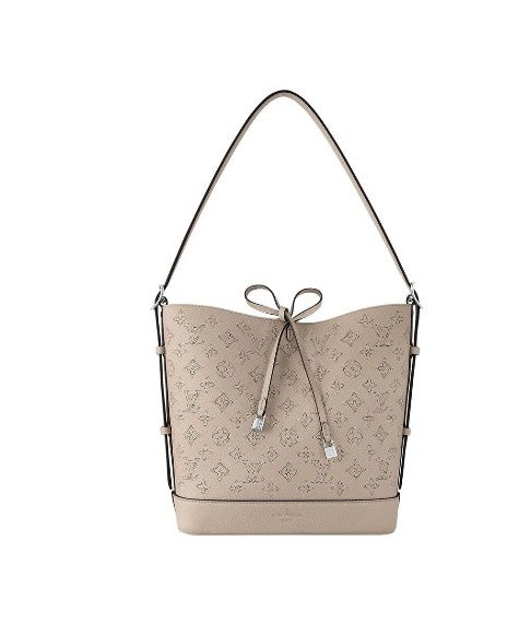 Louis Vuitton Taupe Embossed Leather Bucket Bag Drawstring Shoulder Purse