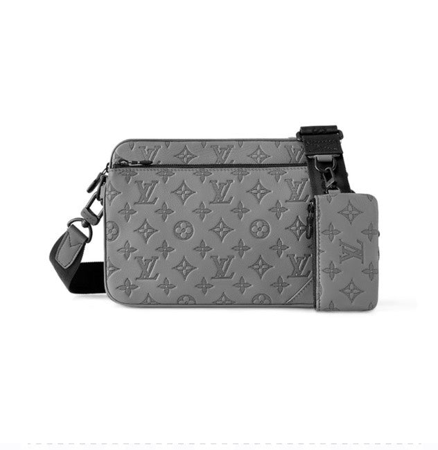 Louis Vuitton Grey Embossed Leather Crossbody Messenger Bag with Detachable Pouch
