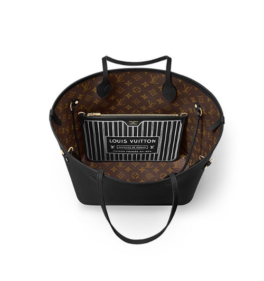 Louis Vuitton Black Leather Tote Bag with Monogram Print Lining and Pouch